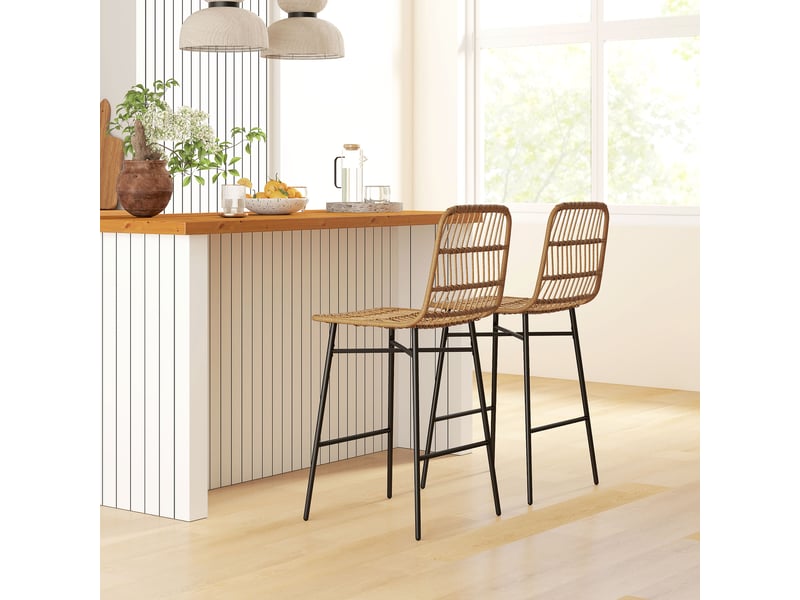  Lot de 2 tabourets de bar hauts avec dossier et assise en rotin, marron, pour cuisine, salle à manger ou bar.  - Conforama C