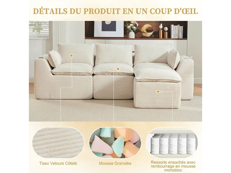 Canapé modulable 3 places en velours côtelé beige avec pouf - 256x161x75cm - porte-gobelet et poches - Conforama D