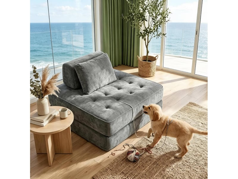 Fauteuil convertible 1 place en chenille gris, couchage 97 x 194 cm, coussin inclus - Conforama C
