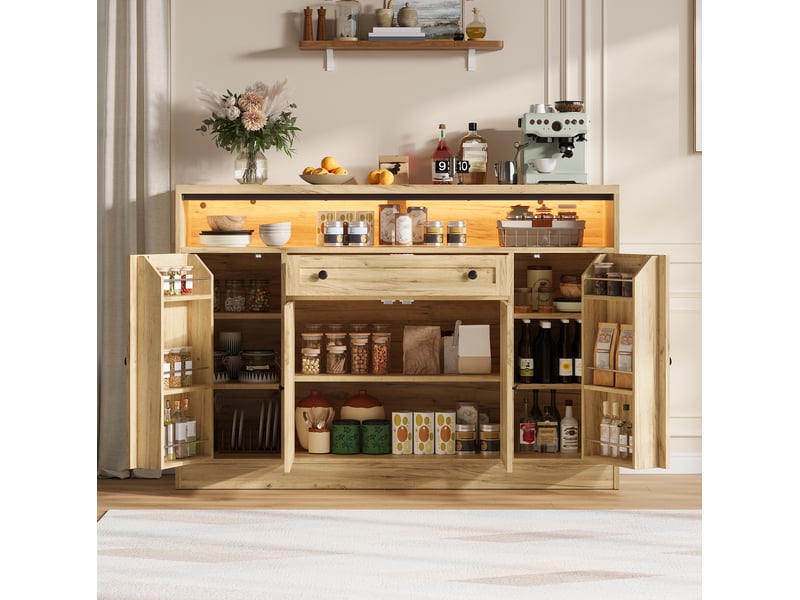 Buffet avec led rgb et avec 4 portes et tiroir, buffet salon 140x35x95 cm en mdf naturel, meubles de rangement - Conforama W