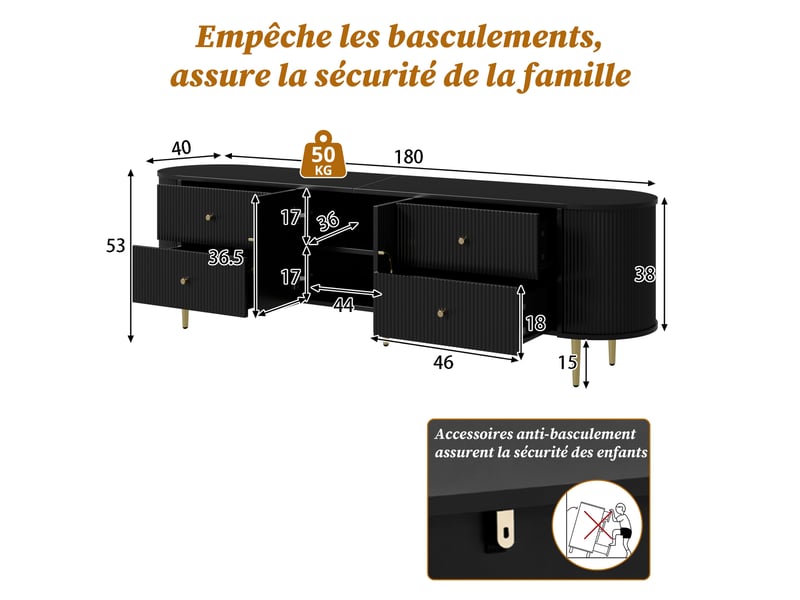  Meuble tv 180 cm-avec pieds métal et passe-câbles-design moderne-noir GL Store - Conforama C