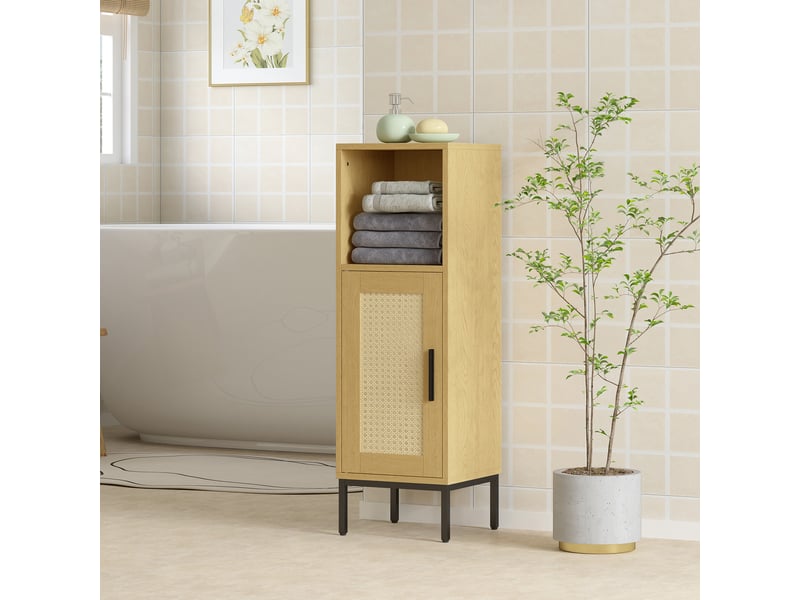 Meuble de salle de bain, meuble de salle de bain étroit sur pied avec étagère réglable, finition naturelle - Conforama D