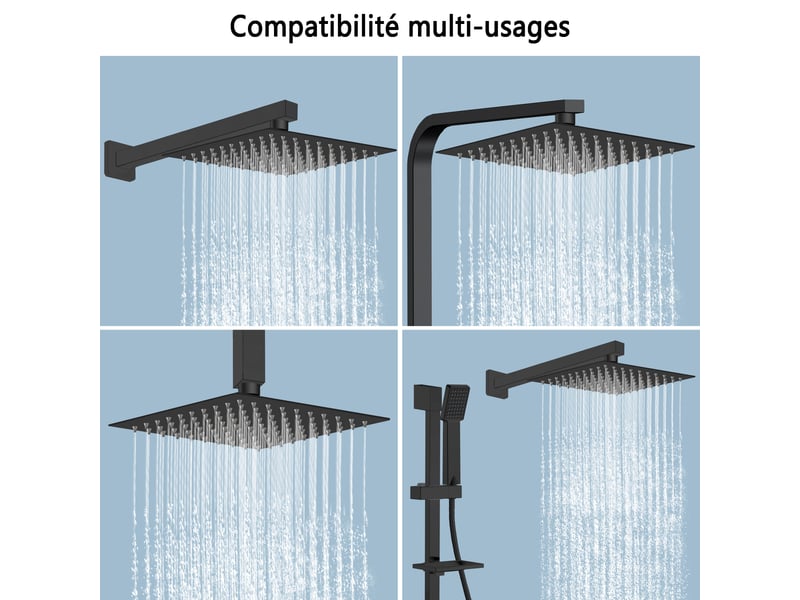 Douche de tête carrée aica, 8 pouces, universel filetage 12, noir - Conforama E