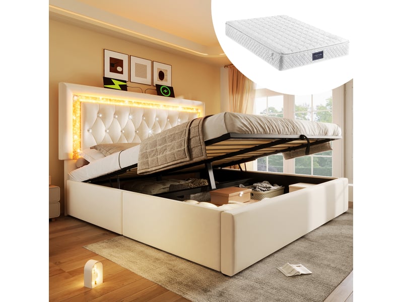  Lit coffre 160x200 cm en velours avec led, usb et type-c, beige, avec matelas  - Conforama B