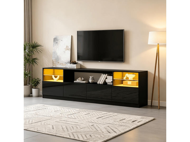  Meuble tv 180 cm noir, led, 4 portes, 8 rangements et tablettes en verre Fay Lum - Conforama B