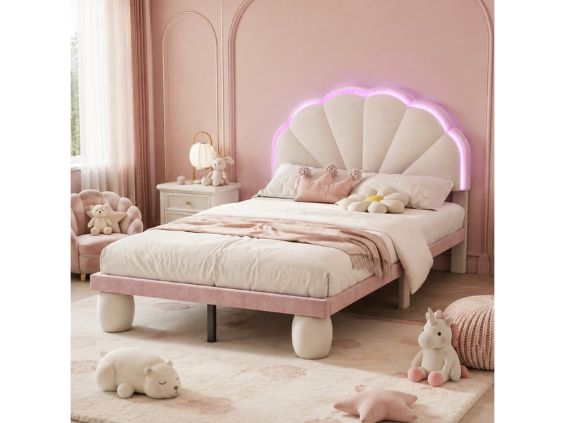  Lit simple enfant 200×90 cm avec éclairage led multicolore et tête de lit capitonnée, sans matelas, en velours beige et rose  - Conforama B