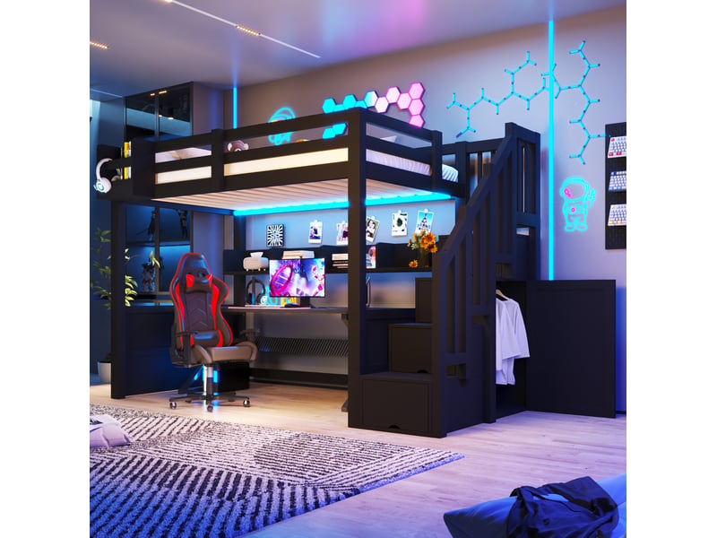  Lit mezzanine 90x200 cm en bois et mdf avec rangements, led et escalier noir  - Conforama D