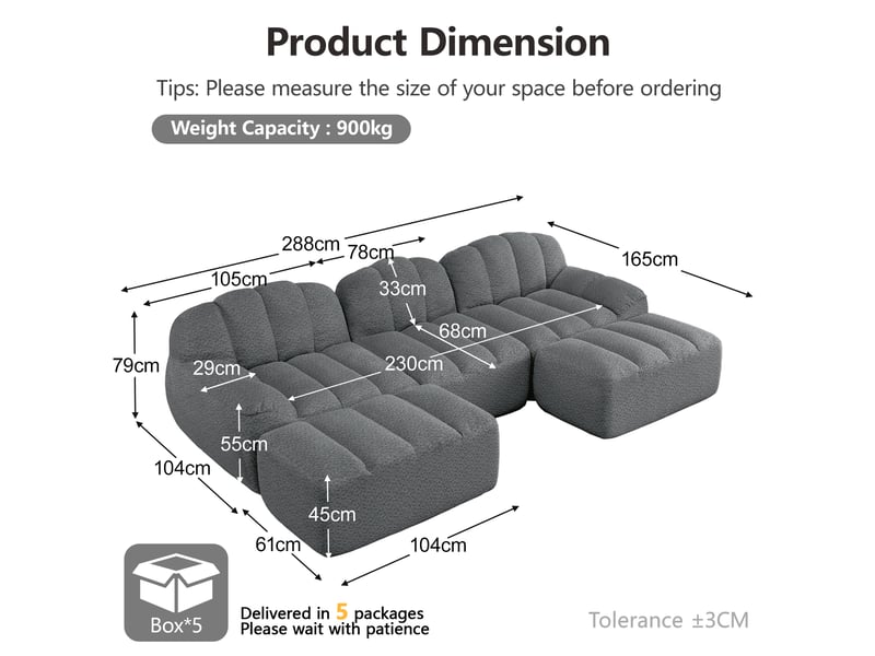 Canapé d'angle modulaire avec assise profonde, ottoman et dossier ergonomique, en fleece granuleux gris - Conforama E
