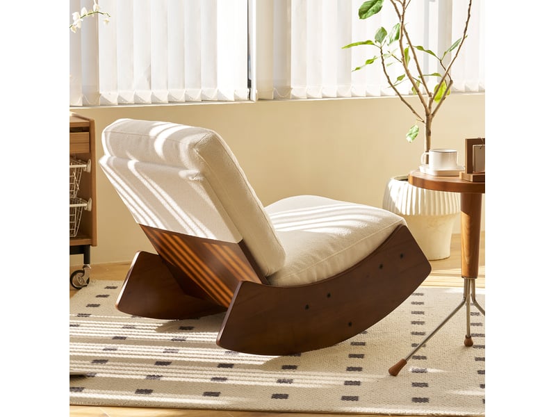  Fauteuil à bascule glider 62x90x72 cm, dossier ergonomique, matière textile, blanc, structure en bois, revêtement premium  - Conforama E