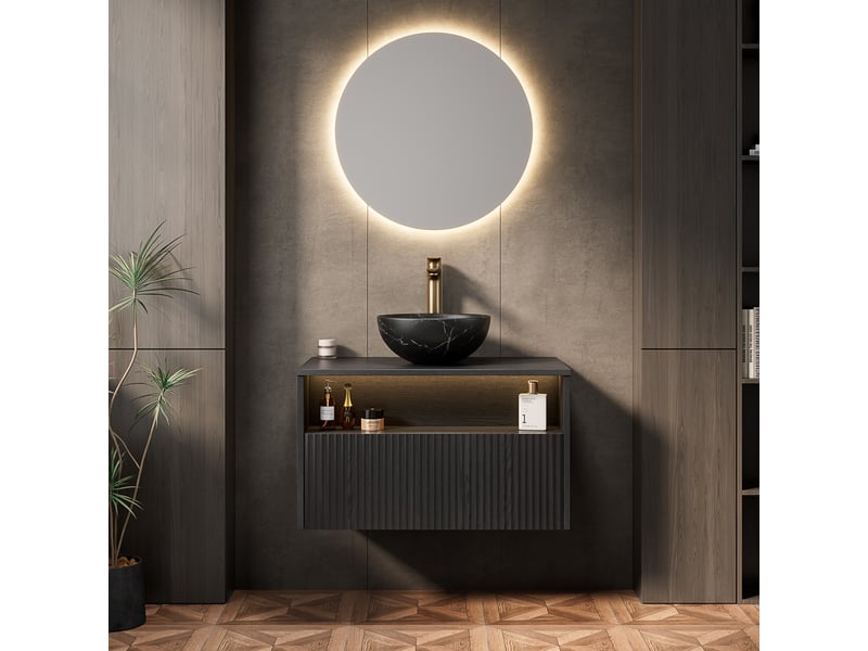 Meuble sous vasque suspendu avec tiroir, niche ouverte et led à détection pour salle de bain, 80×46×60,8 cm, noir - Conforama C