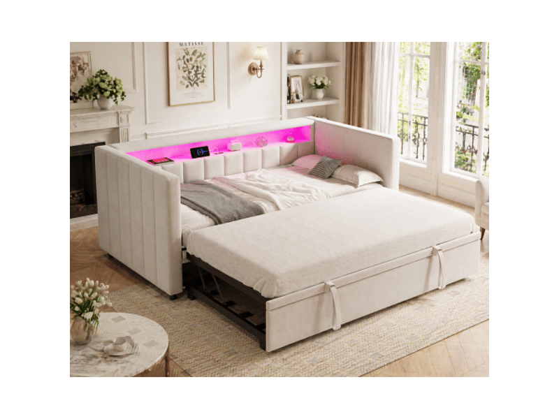  Canapé-lit 90x190 multifonction usb-c led, velours beige avec rangement – salon et chambre d’amis  - Conforama B