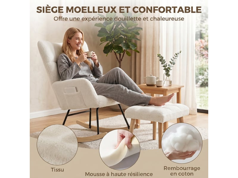  Fauteuil à bascule avec repose-pieds en tissu bouclé crème 97 x 72 x 100 cm  - Conforama E