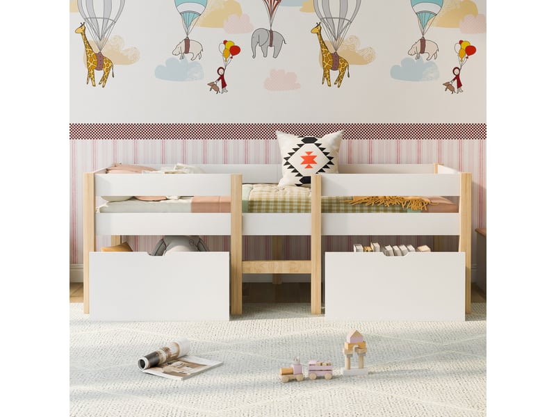  Lit enfant 90x190 cm bois massif blancchêne, tiroir rangement et sécurité  - Conforama B