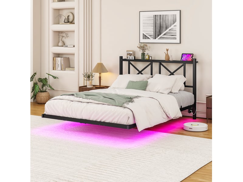 Lit double 120 × 200 cm avec led, station de charge, tête de lit, sans matelas, en métal noir  - Conforama D