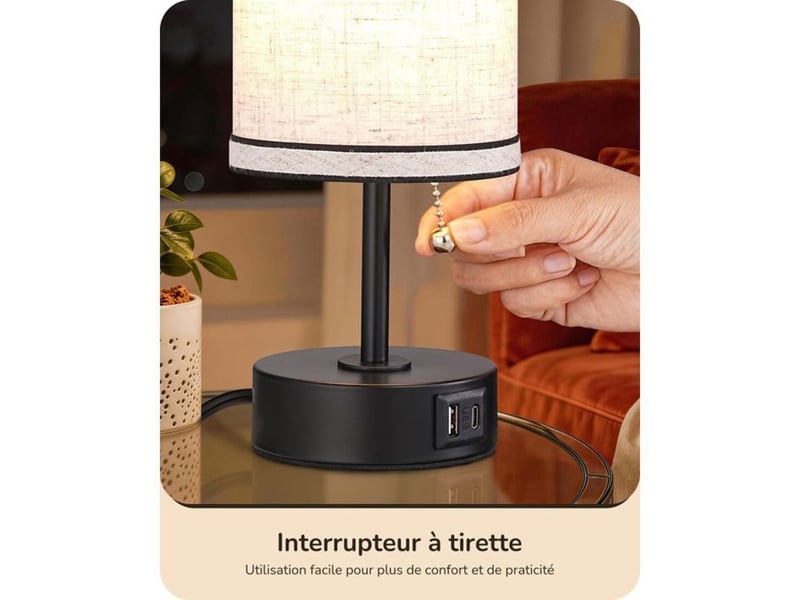  Lampe chevet moderne lot de 2 noir avec abat-jour lin beige usb a usb c 370618_AACKK36331_6_DROPFR - Conforama B