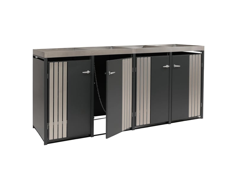 Cache poubelles quadruple avec jardinière intégrée 125x260x84 cm acier galvanisé inox anthracite 04_0009312 - Conforama A
