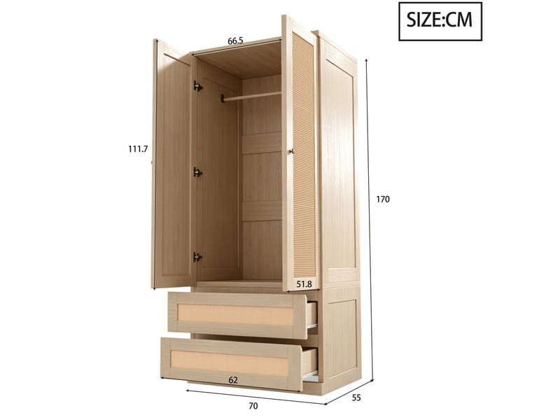  Armoire modenvie 2 portes avec 2 tiroirs et rangement 70 x 55 x 170 cm bois clair  - Conforama C