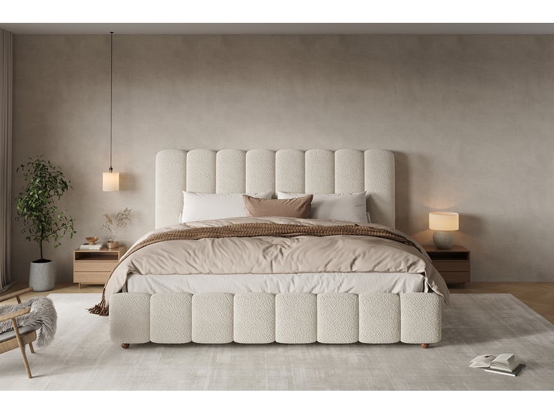  Lit double 180x200 cm avec sommier à lattes et tête de lit en bouclette blanche  - Conforama D