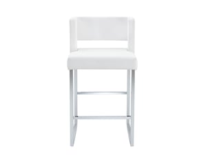 Lot de 2 tabourets de bar 41,4x49,5x91,4cm blanc et argent - en pu avec dossier bas enveloppant, repose-pieds et pieds en métal argenté