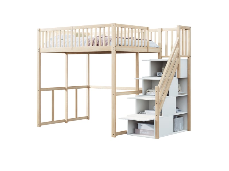 Lit mezzanine enfant 140x200 cm – bois naturel et blanc – escalier de rangement sécurisé - sans matelas - Conforama A