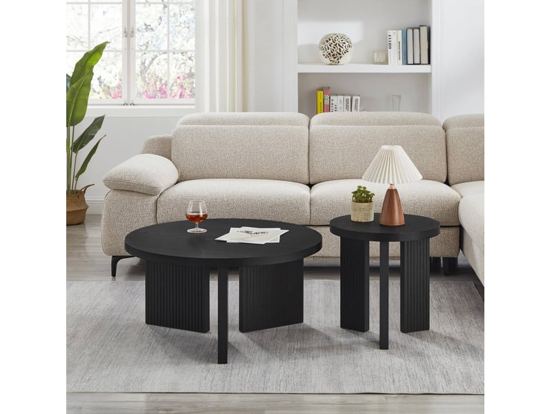 Table basse ronde en mdf avec structure rainurée, ensemble de 2 pièces, style moderne pour salon et bureau, noir  - Conforama B