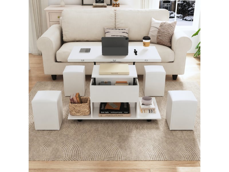 Table basse relevable avec rangement, transformable, 4 poufs et roulettes, 100 x 50 x 48 cm, blanc - Conforama B