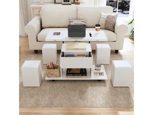 Table basse relevable avec rangement, transformable, 4 poufs et roulettes, 100 x 50 x 48 cm, blanc