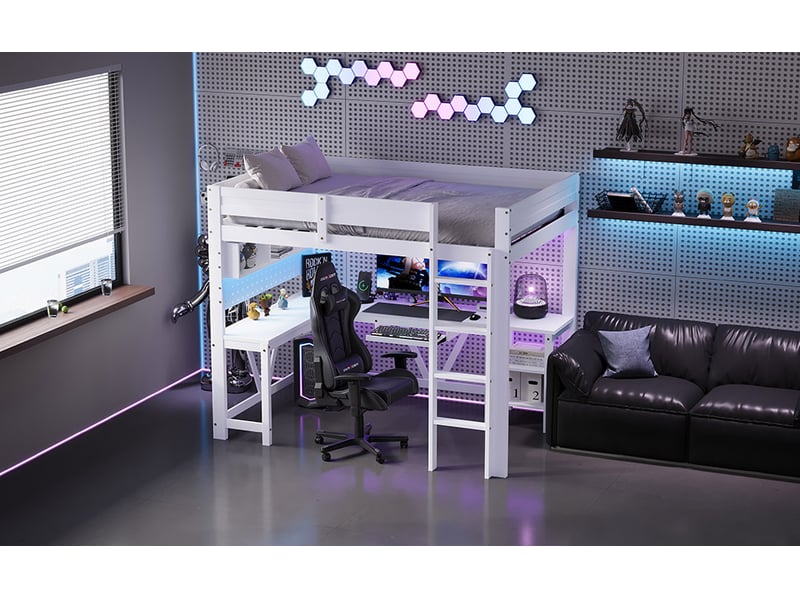 Lit mezzanine 90 × 200 cm, bureau, led et prises usb, blanc - Conforama B