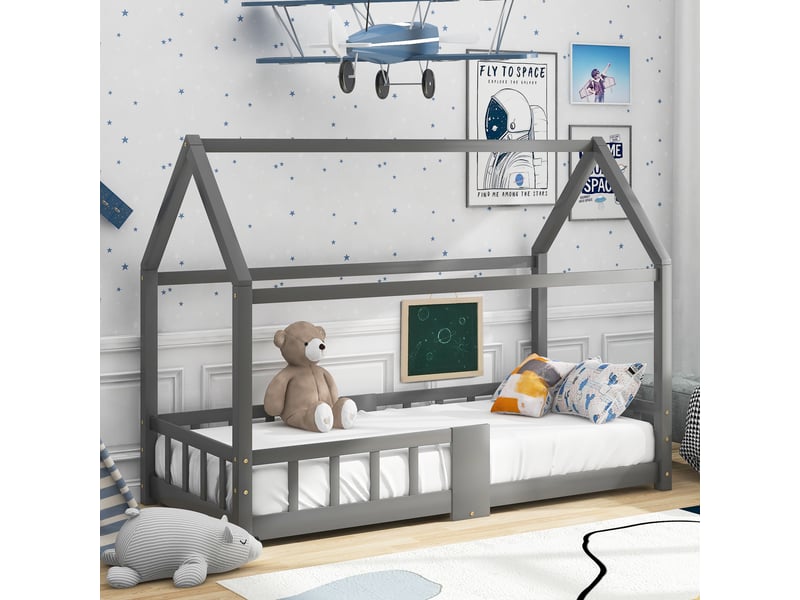 Lit enfant 90x200 cm pin gris – tableau et barrière de sécurité, sommier inclus – sans matelas - Conforama B