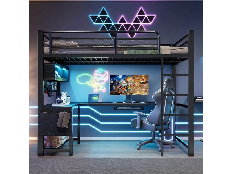  Lit mezzanine gamer 140x200 avec bureau intégré, led et station de charge, noir  - Conforama D