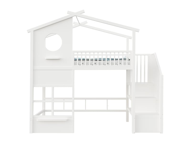  Lit mezzanine enfant 90 x 200 cm en métal, escalier avec rangement, garde-corps haut et éclairage led, blanc evarich - Conforama A