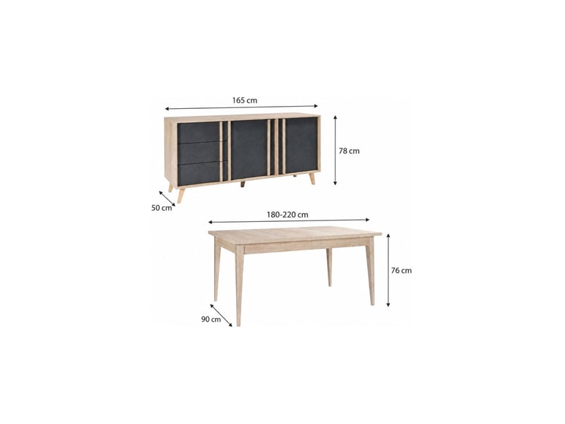 Salle à manger complète malmo avec table extensible 180-220 cm et buffet 165 cm – chêne clair et gris - Conforama C