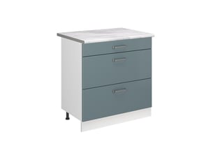Vicco meuble cuisine, bleu-grisblanc, 80cm avec 3 tiroirs plan de travail marbre