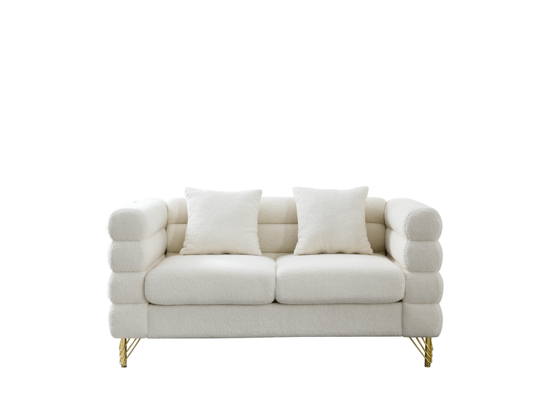  Canapé droit 2 places en tissu teddy blanc, design nuage avec dossier et accoudoirs ondulés, pieds en métal doré, assise à ressorts, coussins inclus  - Conforama A