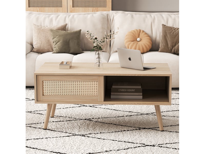  Table basse avec porte coulissante en rotin, mdf coloris naturel  - Conforama C