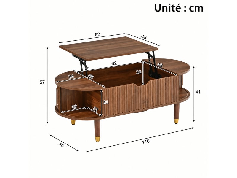  Table basse ovale relevable en mdf effet noyer avec rangement et portes coulissantes, 110 x 48 x 57 cm  - Conforama C