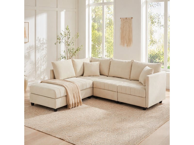 Canapé d’angle modulable 5 places beige avec pouf mobile en tissu aspect lin - Conforama B