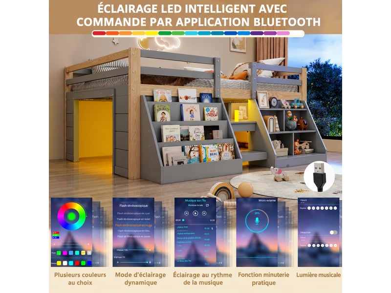 Lit mi-hauteur 140 x 200 avec rangement, led, pin, gris et naturel - Conforama D