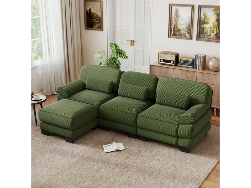  Canapé d'angle modulable 3 places en l avec 1 pouf, coussin lombaire épais, assise profonde, tissu confortable, vert, pour salon  - Conforama E