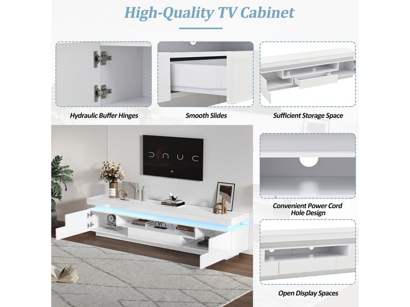  Meuble tv 180x40x50, design contemporain avec 2 placards et tiroir, rangement semi-ouvert avec led  - Conforama D