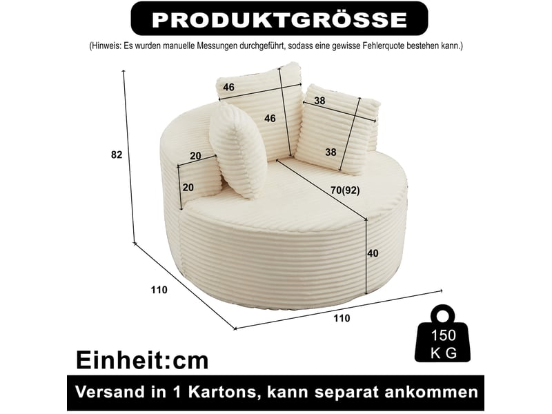 Fauteuil rond 110 cm en velours côtelé avec 3 coussins beige chicfurn - Conforama D