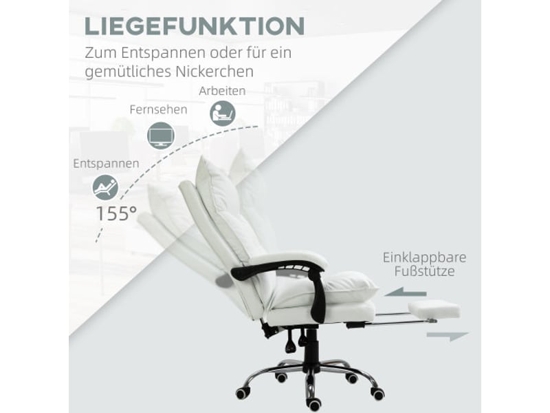  Chaise de bureau inclinable avec repose-pieds, dossier, réglable en hauteur, pivotante, blanc  - Conforama D