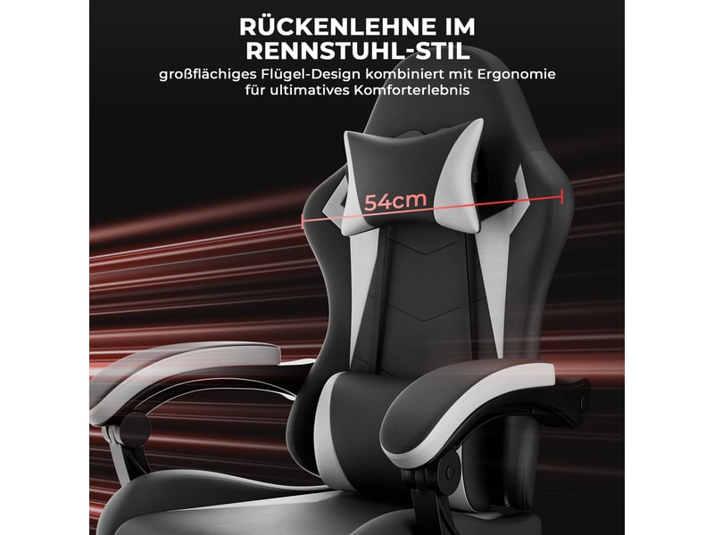  Chaise gaming ergonomique noir et blanc, réglable en hauteur avec appui-tête et coussin lombaire, fauteuil PC confortable  - Conforama D