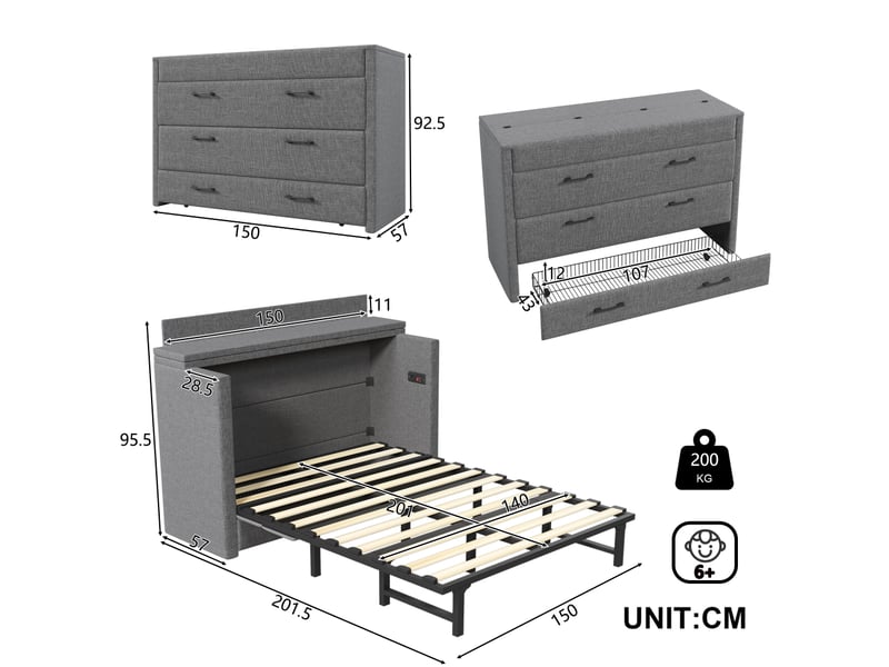  Lit escamotable 140 x 200 cm avec un tiroir, lit mobile avec compartiment de rangement, ports usb et type-c, lit plateforme convertible, sans matelas, lin, gris  - Conforama C