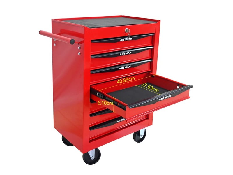  Boîte à outils à 7 tiroirs - rouge &amp; noir - acier - 24.6 kg - glissières à roulement à billes 52.4x33x65.6cm - Conforama E