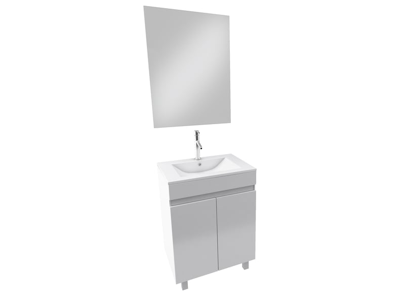  Ensemble meuble de salle de bain 60x45x81-meuble mdf-melamine brillant blanc-vasque ceramique+miroir  - Conforama A