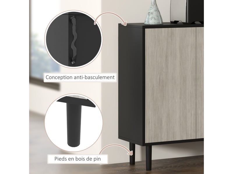  Buffet de cuisine meuble de rangement 2 placards avec étagères réglables, noir et aspect bois gris, 121 x 37 x 75 cm  - Conforama W