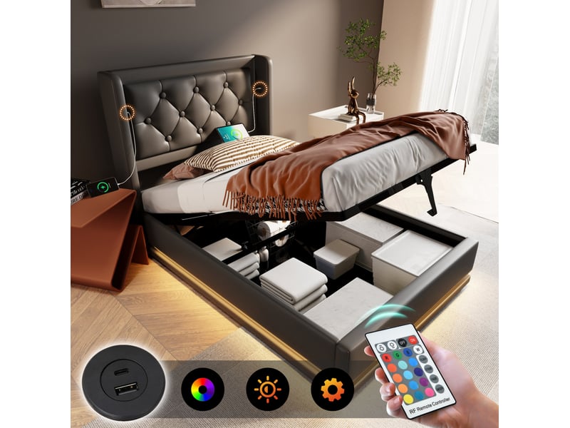 Lit coffre adulte 90x200 cm – noir – rangement hydraulique intégré, usbtype-c, led 3 côtés, avec matelas - Conforama E