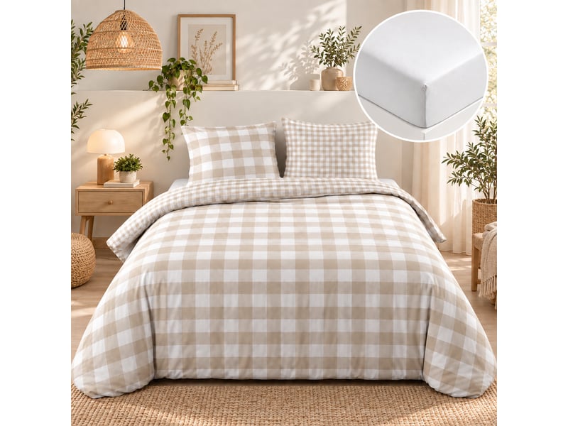  Parure de lit 240 x 220 cm 100% coton victoire naturel + drap housse 140 x 190 cm blanc  - Conforama A