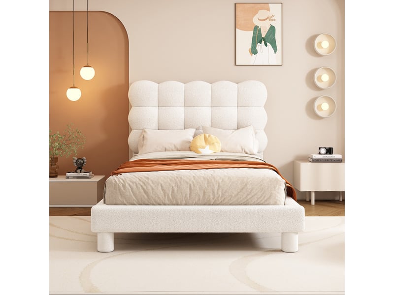 Lit simple rembourré 90x200cm - tête de lit réglable - peluche+mdf - blanc  - Conforama E